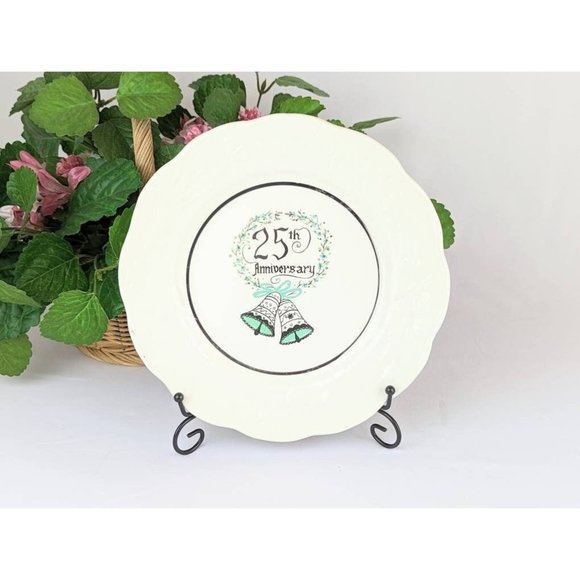 Collectible 25th Wedding Anniversary Plate 10" White Teal Silver Trim Floral - Picture 1 of 7